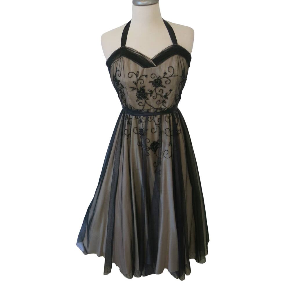 MORGAN & CO Formal Beaded Gown Size 11/12 Halter Ribbon Tulle Lined Black